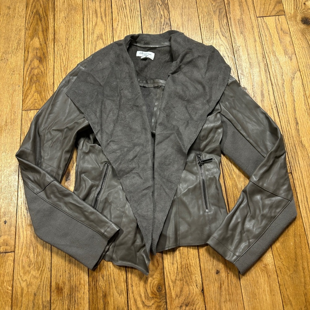 CS New York CoffeeShop Faux Leather Draped Open Front Jacket Grey Sphynx Small